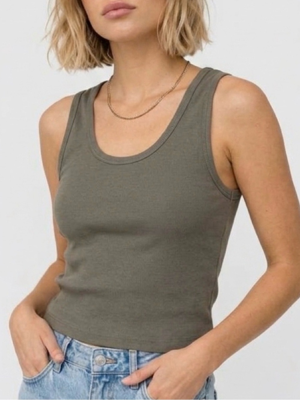 perfectwhitetee The Blondie Ribbed Tank Olive Green Women’s M Made in USA